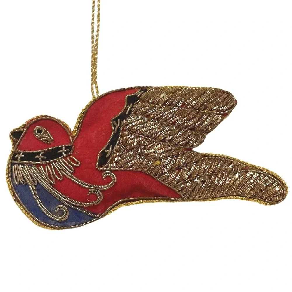 VINTAGE NEIMAN MARCUS RED VELVET CHRISTMAS ORNAMENT DOVE‎ BIRD GOLD BEADED BLUE